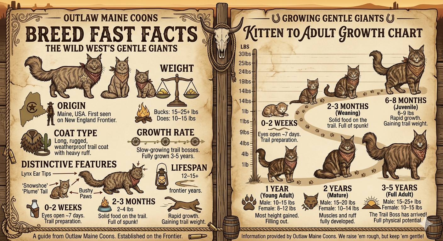 alt="Infographic from Outlaw Maine Coons titled 'Breed Fast Facts: The Wild West's Gentle Giants' and 'Kitten to Adult Growth Chart.' The left panel details Maine Coon origins in the USA, their rugged weatherproof trail coat, lynx ear tips, and bushy tails. It lists weights for Bucks at 15-25+ lbs and Does at 10-15 lbs with a lifespan of 12-15+ years. The right panel shows a growth chart from 0-2 weeks through 3-5 years, illustrating how Maine Coons are slow-growing 'trail bosses' that reach full physical potential between 3 and 5 years of age. The design features a vintage West parchment style with cowboy-themed illustraitions."